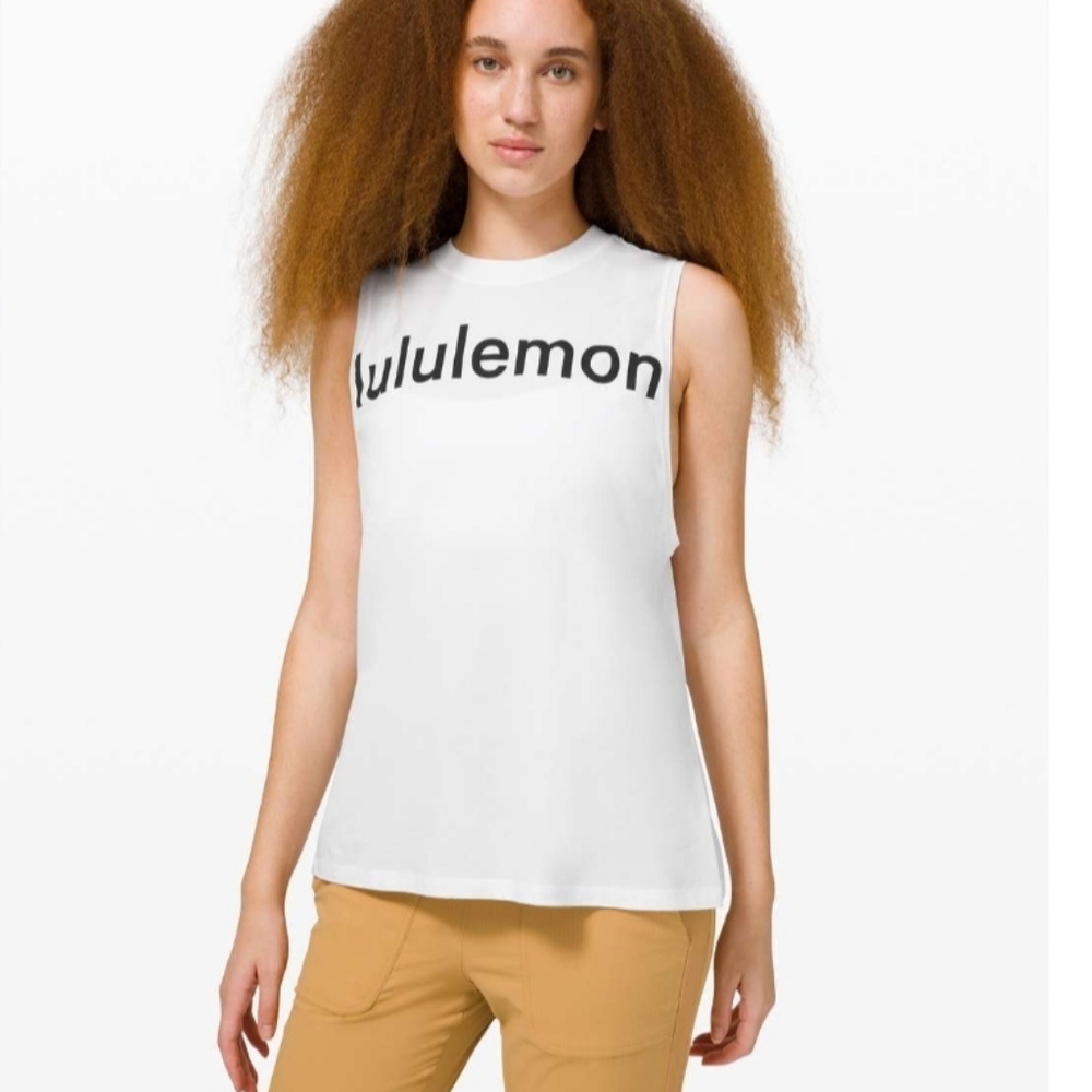 lululemon athletica White Tank with Black Logo Text